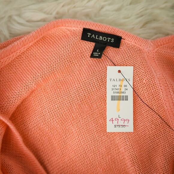 Talbots Size Large L Peach Scoop Crew V Back Short Sleeve 100% Linen Sweater NEW - Picture 3 of 5